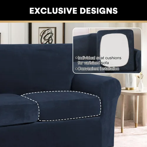 Miniatura 5 de PrinceDeco - 4 fundas de terciopelo para sofá de 3 cojines, protector suave de muebles con parte inferior elástica antideslizante, fundas de sofá