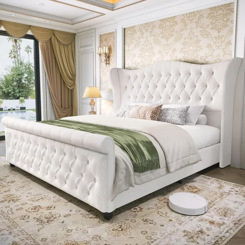 Miniatura 11 de koorlian Base de cama Queen, cama tapizada en terciopelo con cabecero y estribo con alas de voluta, cama moderna de lujo y suave con botones, fácil