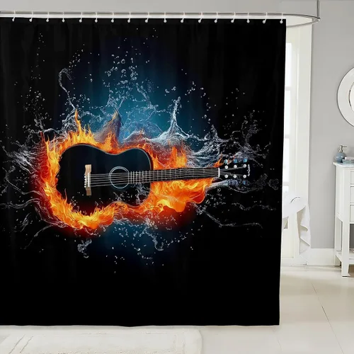 Erosebridal Cortina de ducha de guitarra eléctrica 3D de 72 pulgadas de ancho x 78 pulgadas de largo, cortina de baño con llama, cortina de baño