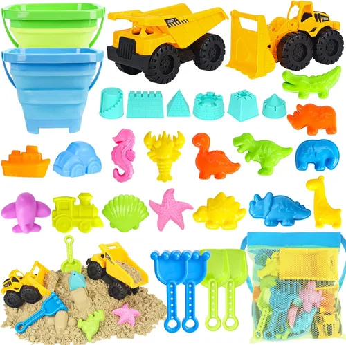 FHOZGECY - Juguetes de playa, 31 piezas de juguetes de arena, juguetes de caja de arena con 2 camiones, 2 cubos de arena plegables, juego de palas,