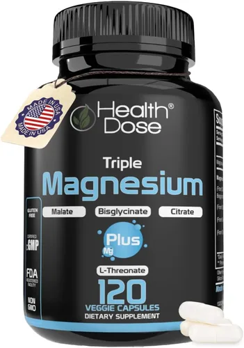 Health Dose Triple Magnesium Complex 1000 mg | Mezcla de L-treonato, bisglicinato, citrato y malato | Apoyo para la relajación muscular, el sueño y