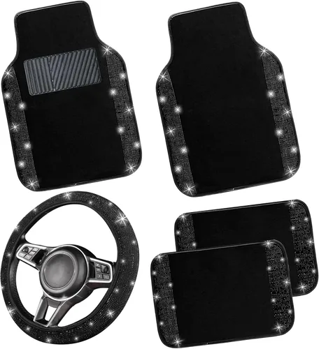 Miniatura 27 de NBTEPEM Juego completo de alfombrillas brillantes para piso de automóvil y funda para volante, ajuste universal para la mayoría de los automóviles