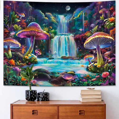 Miniatura 4 de Dermijer Tapiz de luz negra, tapiz de fantasía, bosque de hongos, tapices reactivos a los rayos UV, tapices de cascada, luna, noche, neón, flores
