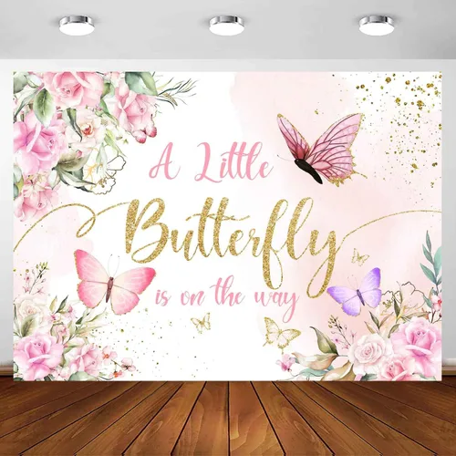Sensfun Telón de fondo de mariposa para baby shower con texto en inglés "A Little Butterfly is on the Way" (La pequeña mariposa está en camino),