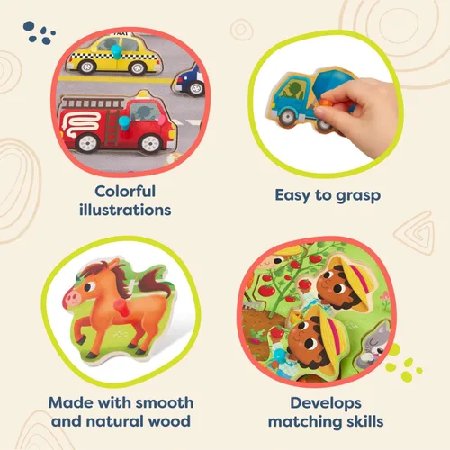 Miniatura 5 de B. toys Peek & Explore Puzzle 4 – Pack – Juguetes de madera para niños pequeños – 8 piezas cada uno – Vehículos, camiones, animales, corral – 2+ años