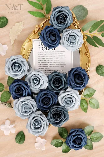 Miniatura 477 de N&T NIETING Flores artificiales, rosas artificiales de color rosa intenso, 50 piezas de flores falsas con tallo para ramos de boda DIY, centros