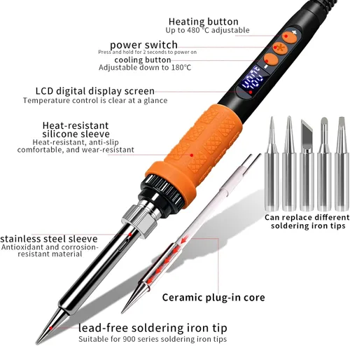 Miniatura 3 de Kit de soldador naranja 909A 90W con pantalla LED y calentador de cerámica, herramienta de soldadura digital de temperatura ajustable, incluye 90w