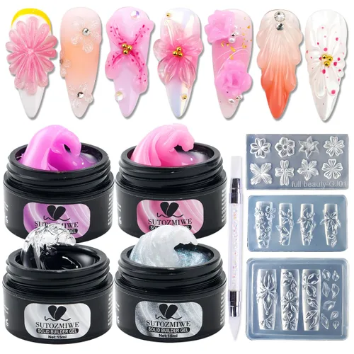 Miniatura 10 de Gel de uñas sólido constructor, 6 colores no pegajosos para esculpir 3D para arte de uñas, pegamento de extensión de uñas, kit de uñas duras