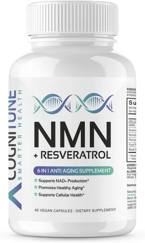 CogniTune Suplemento NMN - NMN con resveratrol, pterostilbeno, quercetina, zinc y PQQ para energía celular NAD+ - Apoyo de longevidad para un