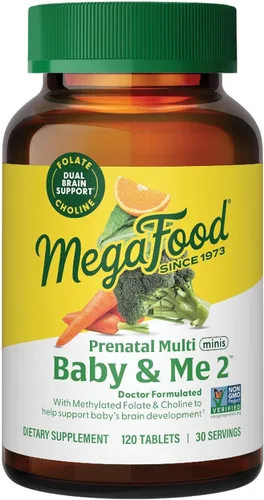 MegaFood Baby & Me 2 Prenatal Multi Minis - Vitaminas prenatales para mujeres con colina y ácido fólico metílico - Sin gluten, vegetariano,