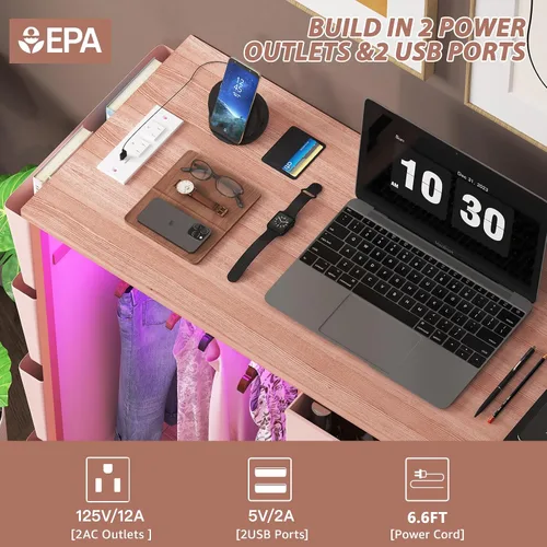 Miniatura 6 de Cómoda de 6 cajones para dormitorio con perchero, cómoda con bolsillos laterales y ganchos, estación de carga y luces LED, parte superior de madera