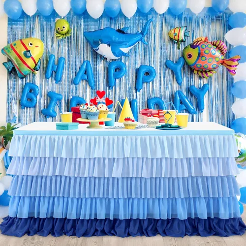 Miniatura 2 de Falda de mesa azul tutú mantel para fiesta bajo el mar decoraciones de Frozen revelación de género cumpleaños elefante baby shower 1.8m (6 pies)