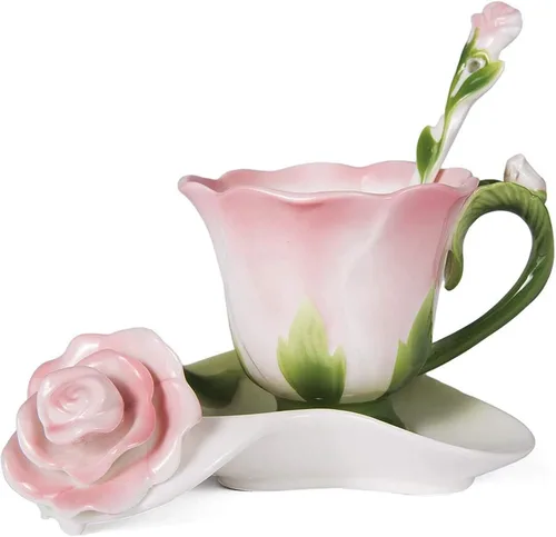 ONEUSTAR Juego de taza de té rosa y platillo para 1 taza de café de cerámica hecha a mano con flores rosas para el día de la madre, Acción de