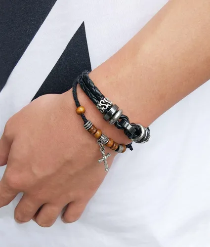 Miniatura 9 de Suyi brazalete ajustable con varias capas, de cuero tejido trenzado con cruz. Pulsera tipo esclava.