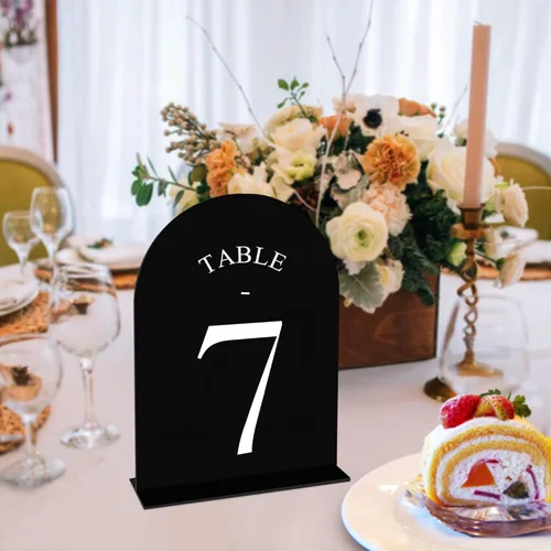 Miniatura 5 de JOYIT Números de Mesa de Boda en Arco 1-10 con Soportes – Letreros Acrílicos Impresos por Ambos Lados de 5" X 7" con Fondo Negro y Texto Blanco