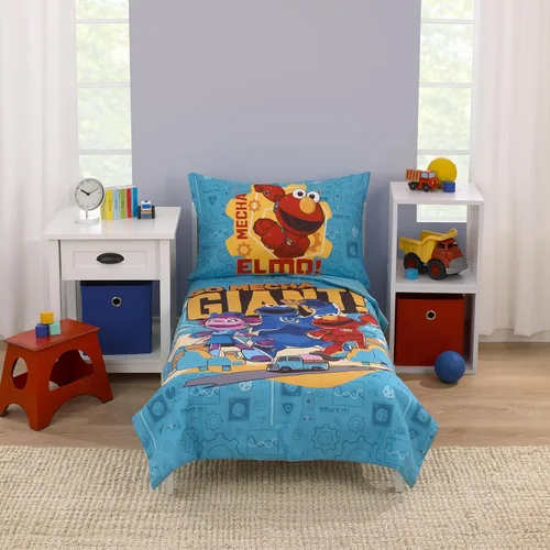 NoJo Sesame Street Mecha Builders - Juego de ropa de cama infantil de 4 piezas con monstruo de galletas, Elmo y Abby - edredón, sábana bajera