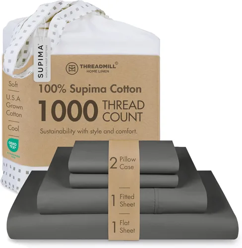 Miniatura 13 de Threadmill Sábanas 100% de algodón Supima americano, tamaño King, 1000 hilos, juego de sábanas de 4 piezas, sábana de satén suave, sábana de cama