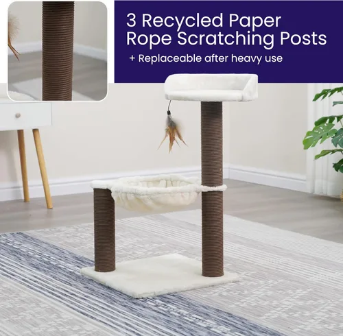 Miniatura 5 de Catry Nirvana Árbol para gatitos de 3 niveles con perca de felpa, hamaca suave y postes rascadores de cuerda de papel, muebles minimalistas