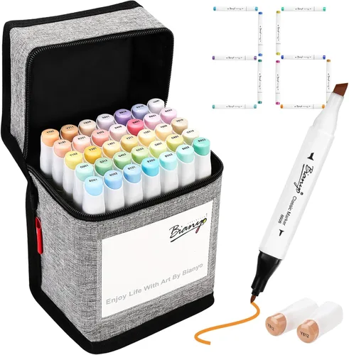 Bianyo Juego de 36 marcadores de alcohol de colores pastel, marcadores de doble punta fina y cincel con estuche de transporte gris para colorear, 36