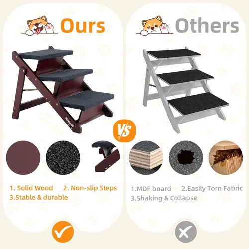Miniatura 3 de MEWANG Escaleras de madera para mascotas/escalones para mascotas, escaleras plegables 3 en 1 y rampa para camas y autos, escalera portátil para 3