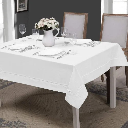 Simple&Opulence Premium - Mantel de lino con dobladillo 100% de 60 x 84 pulgadas, blanco, tela natural, mantel rectangular para uso en interiores y