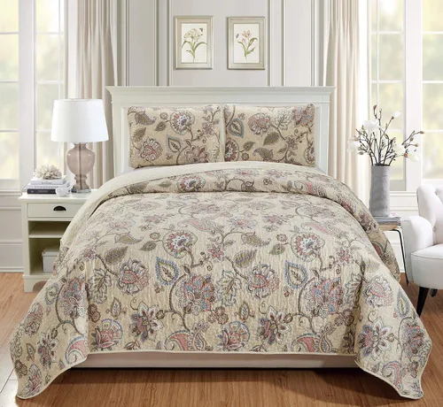 Home Collection Juego de colcha de 3 piezas para cama matrimonial/queen, floral, beige, rosa, azul, gris pardo, verde, flores, hojas de tamaño grande