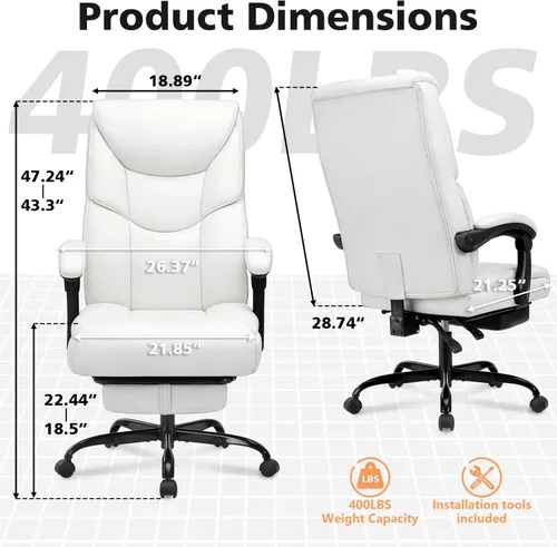 Miniatura 3 de WAILOR Silla de oficina de 400 libras con reposapiés, silla de oficina reclinable grande y alta con soporte lumbar, silla de computadora de piel