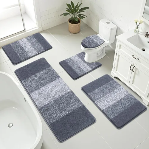 Miniatura 31 de Bsmathom Juego de 4 alfombras de baño, alfombras de baño de microfibra suave y absorbente con alfombra de contorno en forma de U para inodoro y Azul