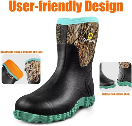 Miniatura 3 de D DRYCODE Rubber Boots for Women, 5mm Neoprene Mid Calf Rain Boots with Steel Shank, Waterproof Insulated Hunting Boots, Mud Work Boots, Black
