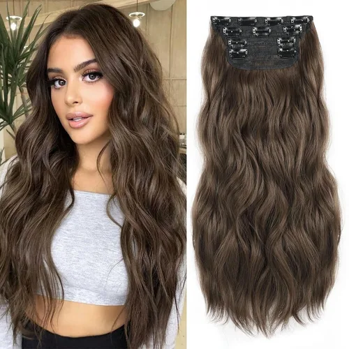 Miniatura 21 de 4 piezas de extensiones de cabello rizado con clip, color dorado oscuro, mezcla de rubio beige, sintético de 20 pulgadas de largo, extensiones