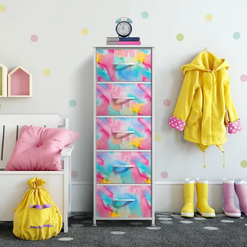 Miniatura 6 de Sorbus Cómoda para niños con 5 cajones, organizador de cofre de almacenamiento, mesita de noche, marco de acero, parte superior de madera, Destello