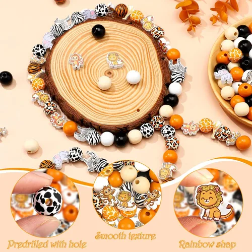 Miniatura 5 de Glenmal 200 cuentas de madera de animales de la selva, lindos animales, cuentas coloridas con estampado de vaca, leopardo, tigre, jirafa