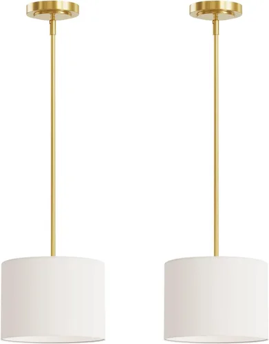 Miniatura 2 de Electro bp; Lámpara colgante con pantalla de tambor de lino blanco de 9 pulgadas de diámetro con kit de poste dorado pulido, E26, cableado, paquete