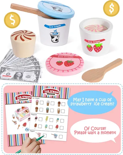 Miniatura 3 de Juguetes de helado de madera para niños, tienda de juegos de cocina para niños pequeños, accesorios de cocina con cucharada, menú y dinero falso