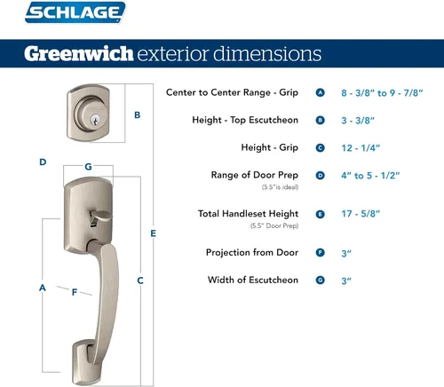 Miniatura 3 de Schlage F58 GRW 622 Greenwich - Manija de entrada exterior de un solo cilindro, negro mate (solo mitad exterior)