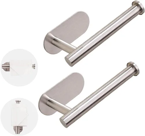 Paquete de 2 soportes para papel higiénico autoadhesivo, soporte de pared para baño y baño, sin taladrar SUS304, plateado inoxidable Plata