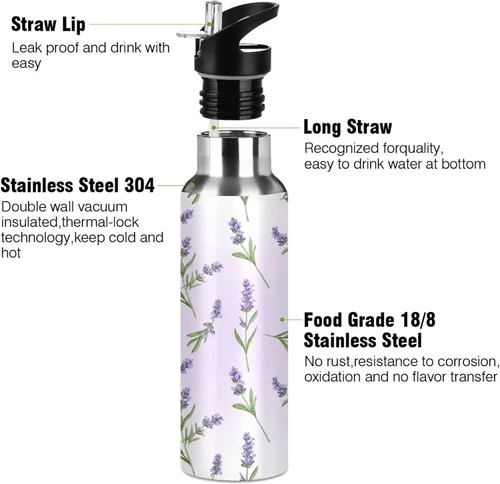 Miniatura 3 de Lavender Flowers Green Leaves Insulated Stainless Steel Water Bottle with Straw 20 Oz, BPA-Free Sports Water Bottle Leakproof Water Bottles