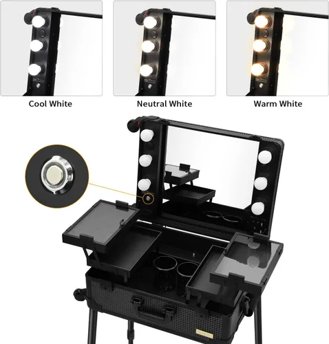 Miniatura 5 de Maletín de aluminio para maquillaje con luces LED, organizador profesional de cosméticos con altavoz, ruedas y soportes, estación de tocador
