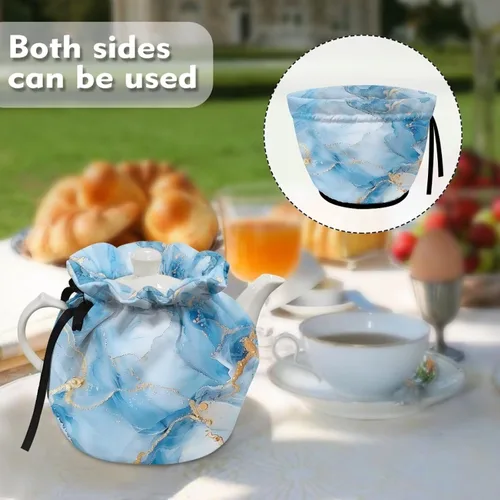 Miniatura 4 de Tetera aislada de mármol azul, cubierta antipolvo, resistente a las manchas, tetera acogedora para el desayuno, calentador de té, colcha