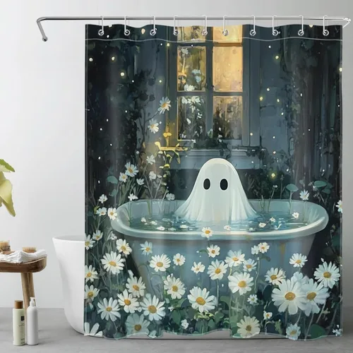 Miniatura 45 de HVEST Cortina de ducha de Halloween, linterna de calabaza y gnomo, cortina de ducha de baño, cortina de ducha de murciélago y araña, decorativa