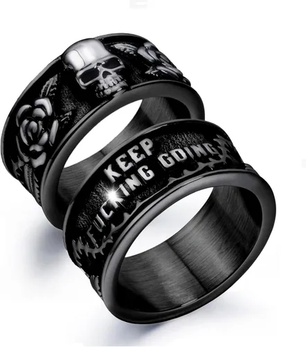 Anillos de calavera gótica vintage para hombres y mujeres, acero inoxidable, ónix negro, anillo de póquer, anillo de esqueleto plateado, para