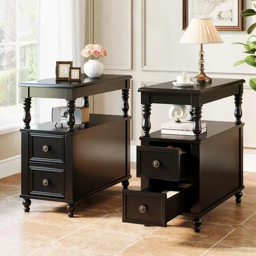 Miniatura 6 de Tribesigns Mesa auxiliar de madera con acabado negro con 2 cajones, mesitas de noche delgadas de madera de mediados de siglo con estante