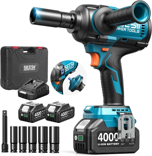 Miniatura 11 de Seesii Llave de impacto inalámbrica de 1000N.m (738ft-lbs) de alto par, pistola de impacto sin escobillas de 1/2" con dos baterías de 4.0Ah