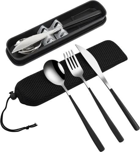 VANRA Juego de utensilios de viaje portátiles de 3 piezas con estuche, juego de cubiertos de acero inoxidable 18/8, juego de cubiertos reutilizables