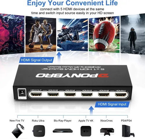 Miniatura 2 de Conmutador HDMI 2.0 de 5 puertos 4K @60Hz conmutación automática - 5 en 1 salida con control remoto, HDR10, 3D, Ultra HD para PS5/Xbox/PC/Fire TV
