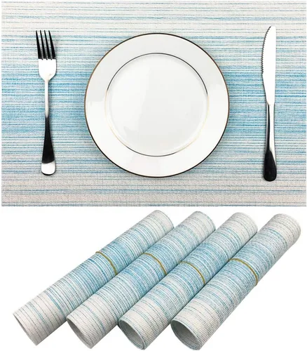 Mantel individual de vinilo tejido duradero, lavable, resistente al calor, antideslizante, para cocina, comedor (juego de 4, azul con blanco)