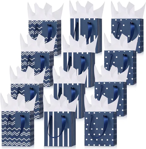 Miniatura 27 de Tenare 12 bolsas de regalo pequeñas, mini bolsa de papel metálica a granel con asa de papel de seda para envoltura de regalo, día del padre, Blanco