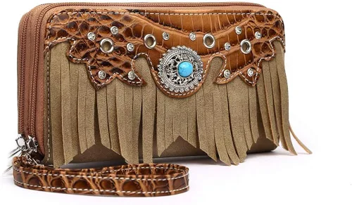 Miniatura 2 de Cowgirl Trendy Estilo occidental Fringe Classic Concho Studded Mujer Cartera Cartera de embrague, Beige Bronceado