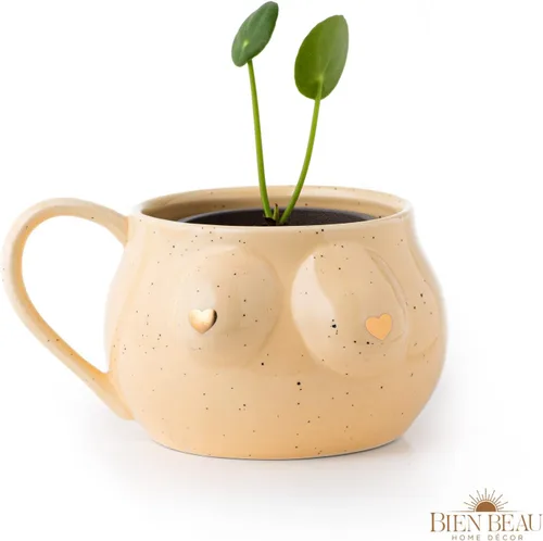 Miniatura 3 de BIEN BEAU Taza de cerámica moteada con forma de mujer con puntas de corazón doradas, regalo de elefante blanco, divertida taza grande para tetas