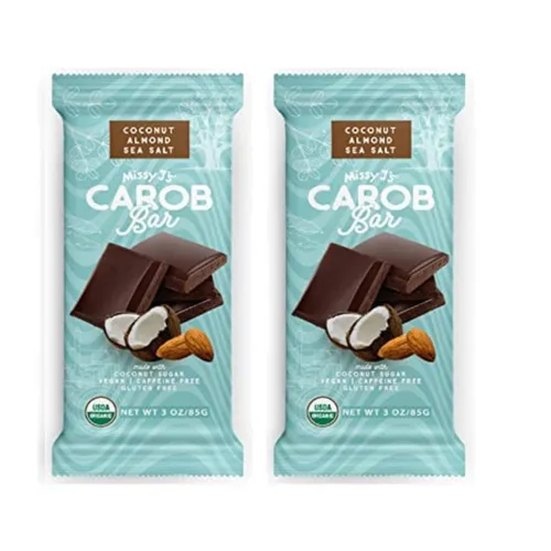 Missy J's Barras orgánicas de coco y almendra, paquete de 2, algarroba hecha con azúcar de coco, veganas y sin gluten, sustituto saludable sin